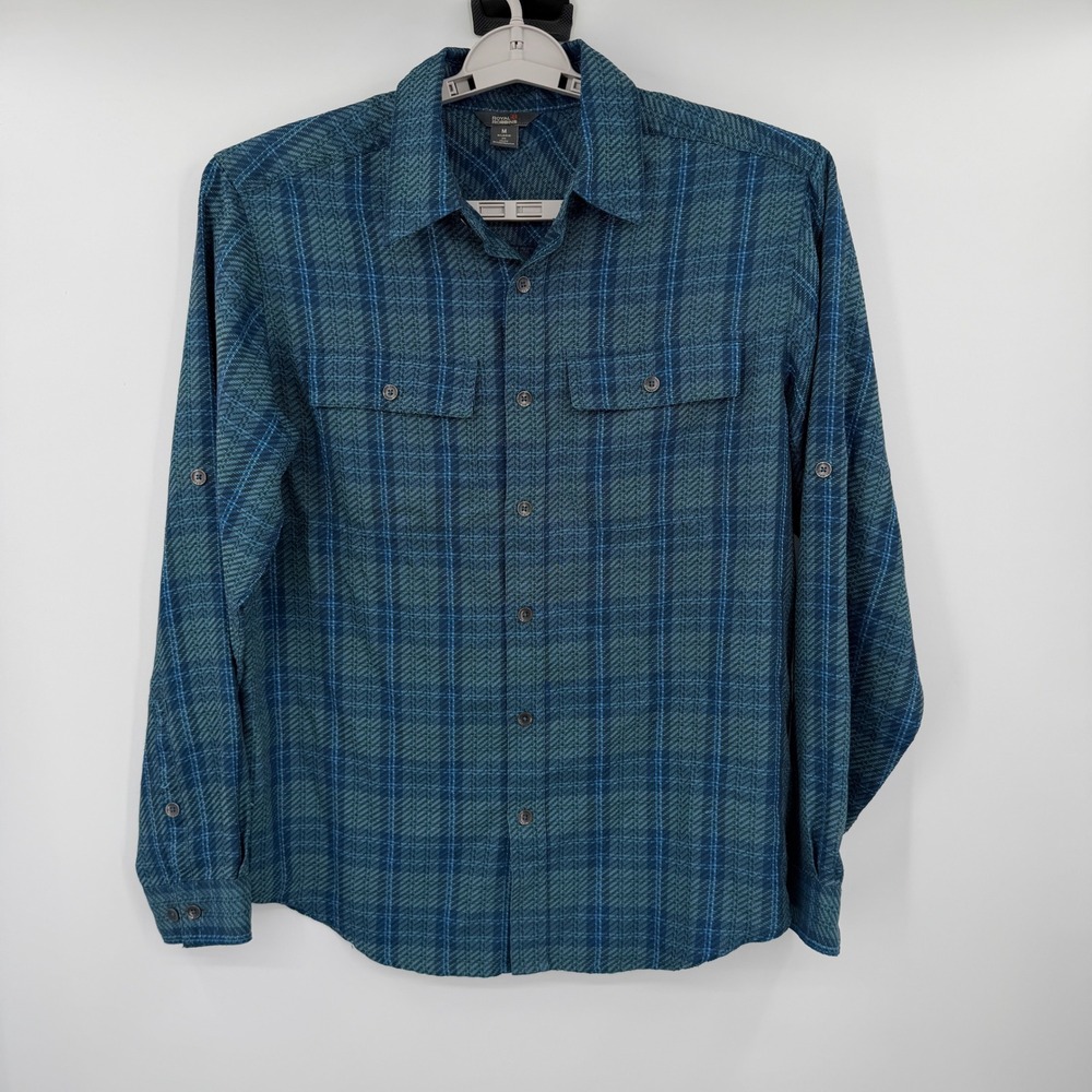 Royal Robbins Mens M Relaxed Fit Plaid Button Down Shirt Teal Blue Roll Sleeve